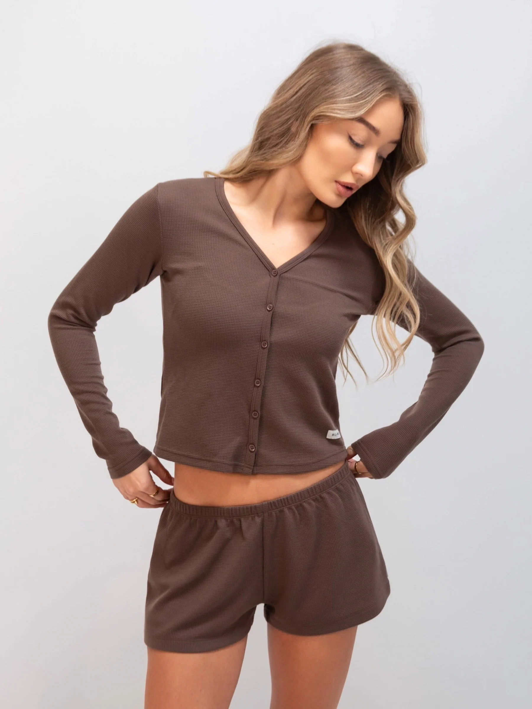 Soft Waffle Cardigan & Shorts Set - Brown - Prinboxs