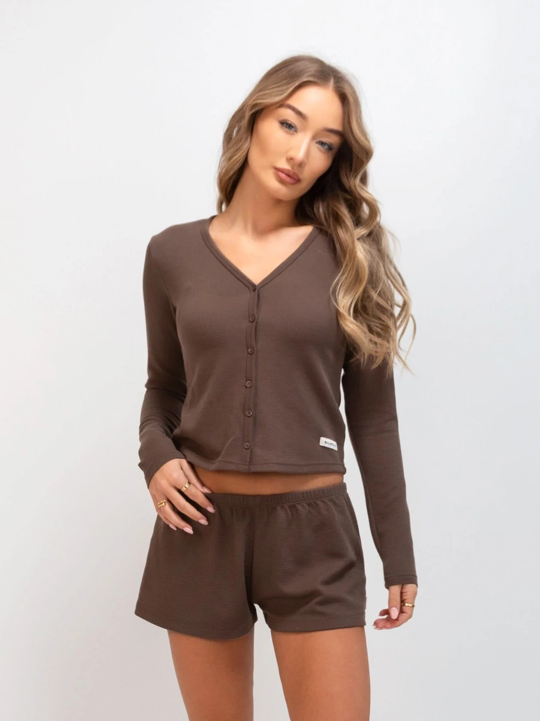 Soft Waffle Cardigan & Shorts Set - Brown - Prinboxs