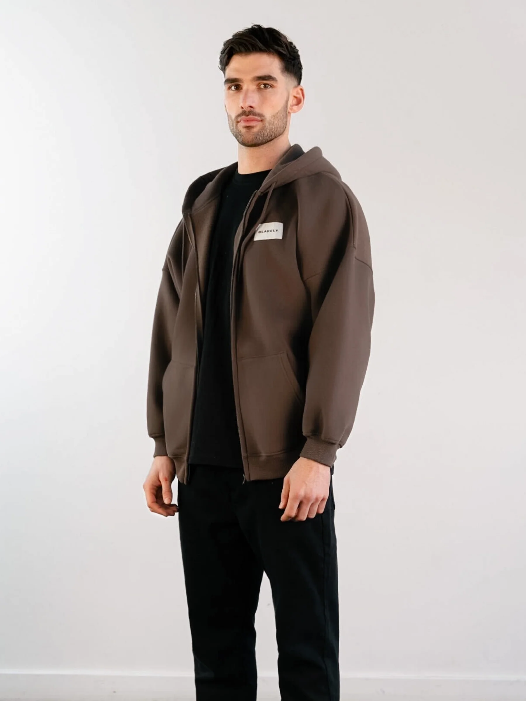 Label Relaxed Full Zip Hoodie - Slate Brown - Prinboxs