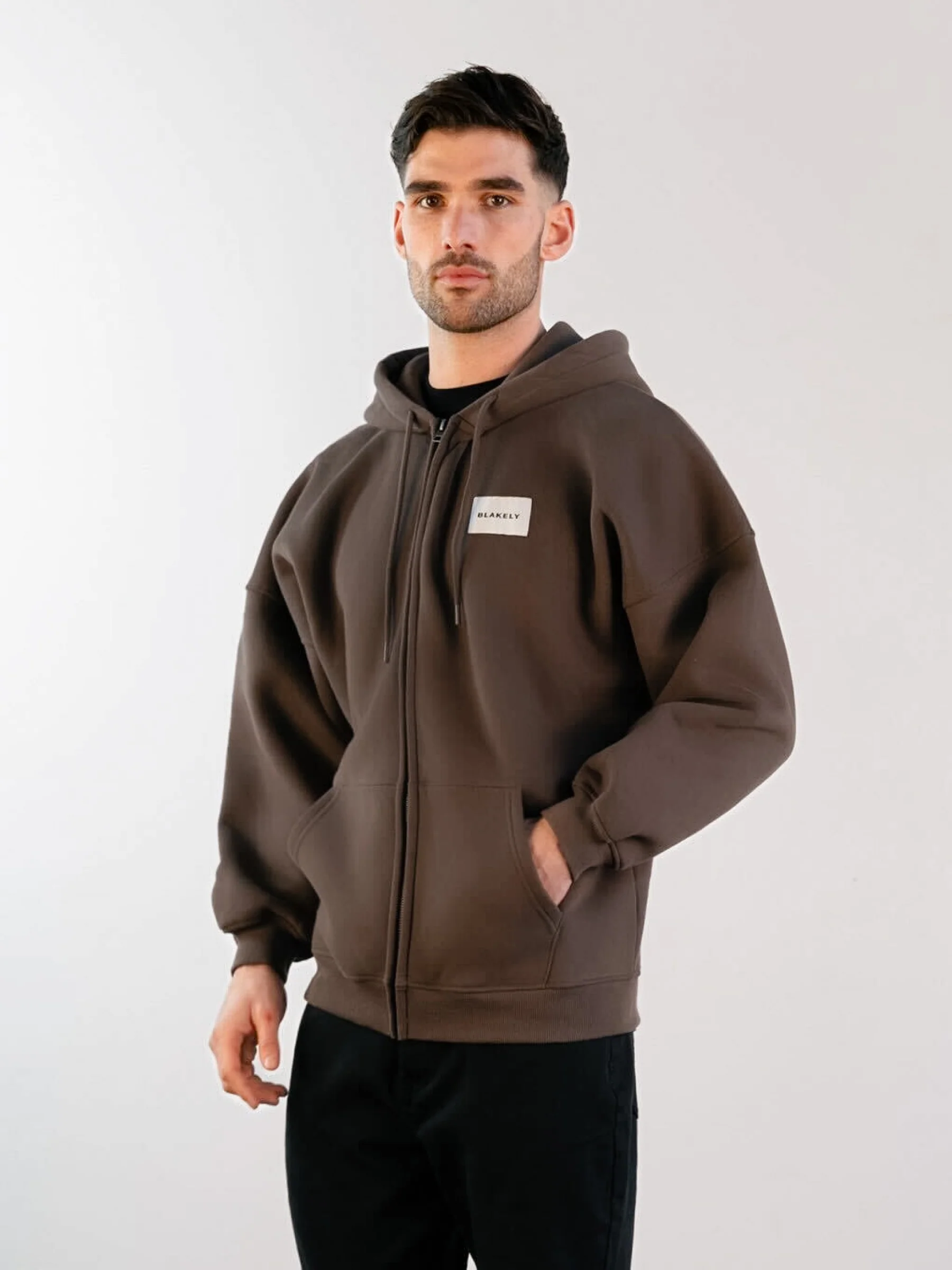 Label Relaxed Full Zip Hoodie - Slate Brown - Prinboxs